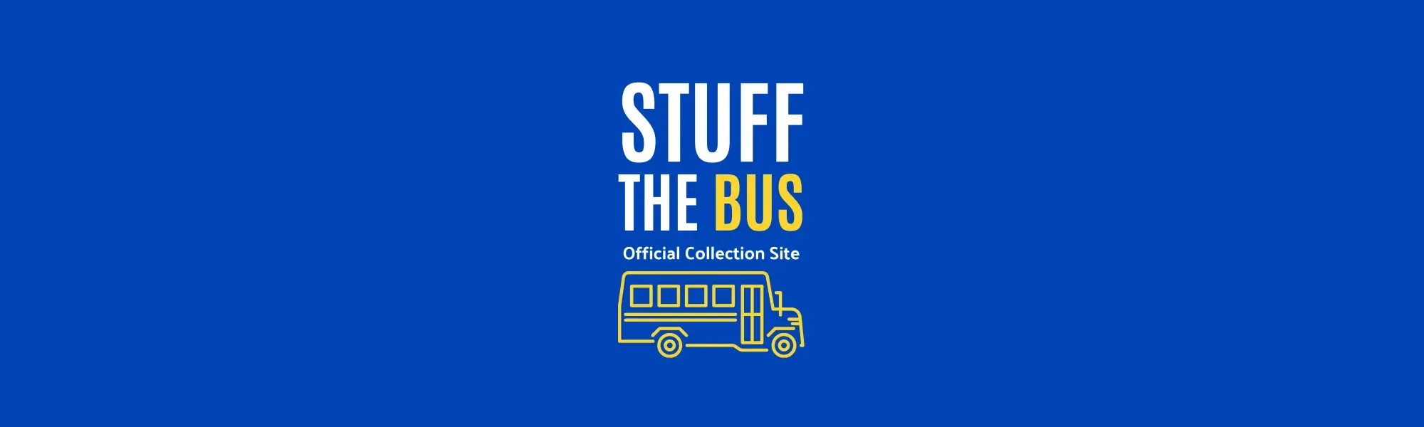 Text reads, "STUFF THE BUS Official Collection Site" with an icon of a yellow school bus underneath